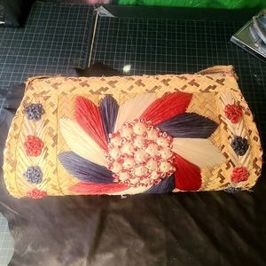 Vintage Raffia Straw Hawaiian Floral Bag